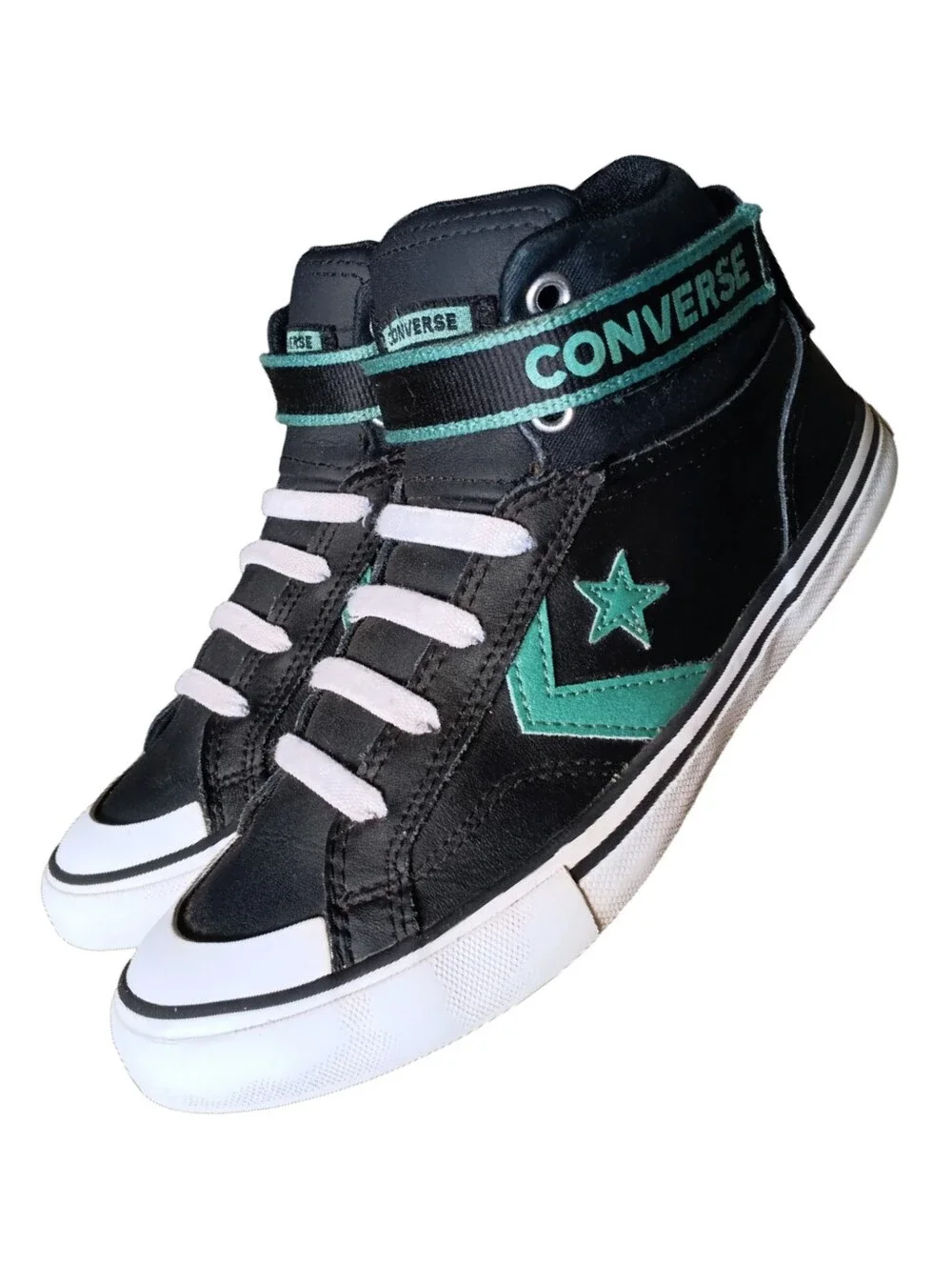 🖤 Converse Star Player Mid Leather Youth Kids Boys 3 Black Teal Sneakers Shoes